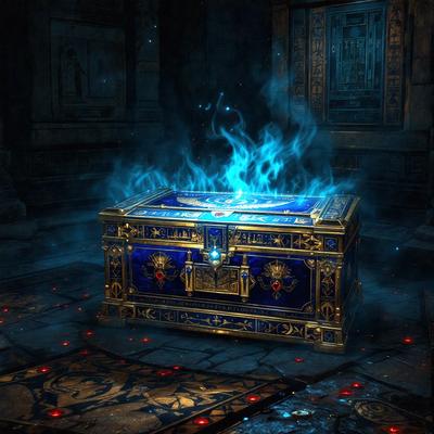 The primary subject of the image is a blue and gold treasure chest, which is the main object in the scene. The setting is a dark room with a stone wall, and the visual style appears to be a digital art or illustration. The colors in the image are predominantly blue and gold, creating a rich and luxurious atmosphere.